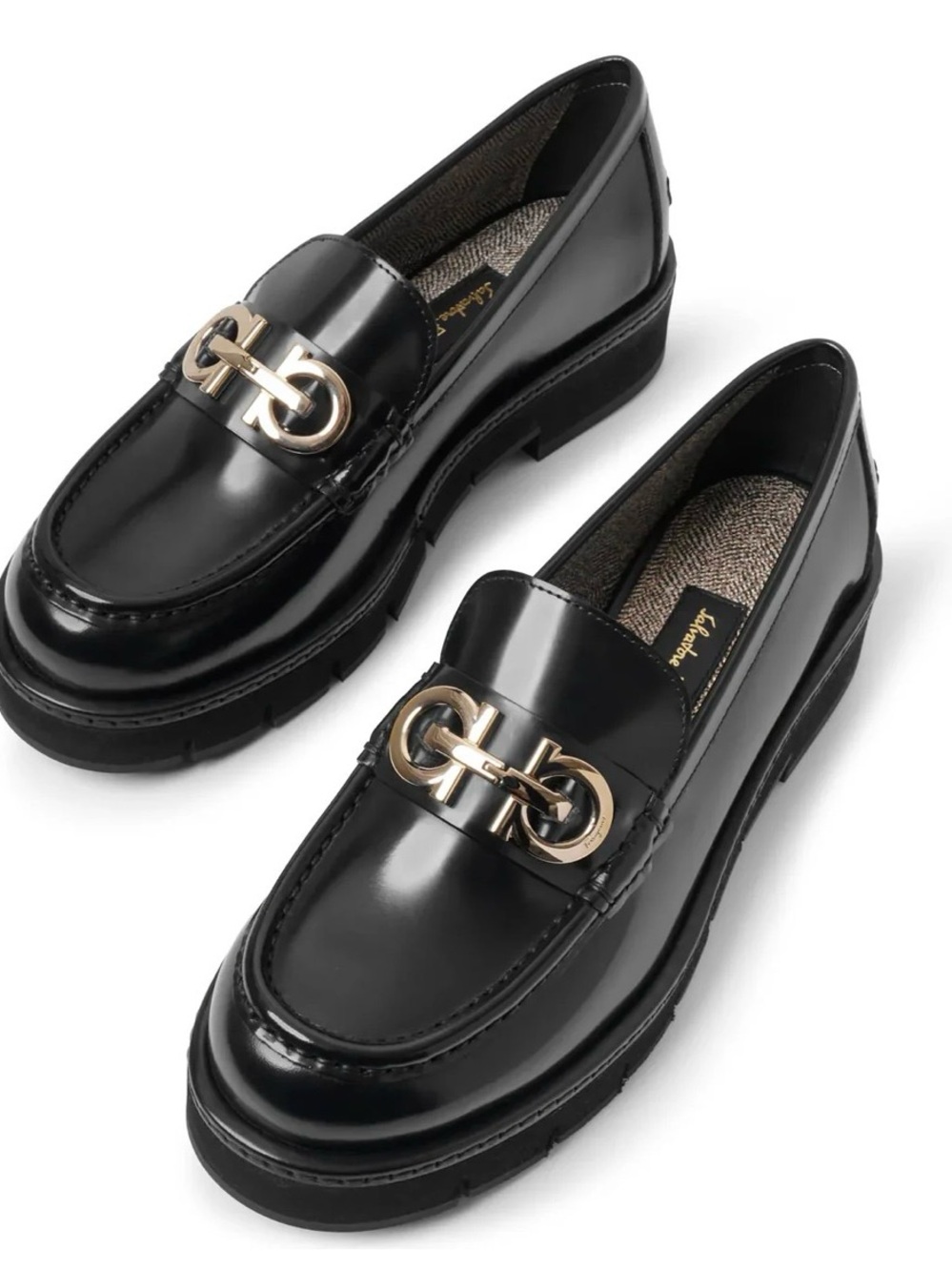 Salvatore Ferragamo Ofelia Lug Sole Loafers Black Leather Gold Gancini 7.5C